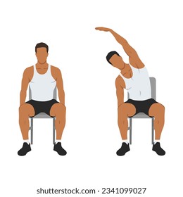 Man doing seated side bends or lat stretch exercise. Flat vector illustration isolated on white background