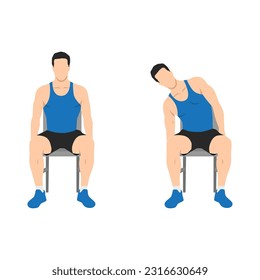 Man doing seated side leans or chair leans exercise. Flat vector illustration isolated on white background