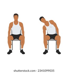 Man doing seated side leans or chair leans exercise. Flat vector illustration isolated on white background