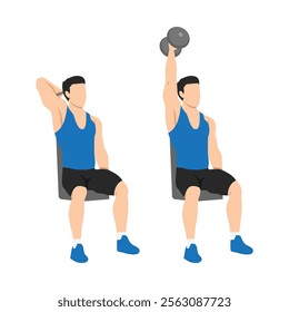 Man doing Seated Single arm overhead dumbbell tricep extensions. Flat vector illustration isolated on white background