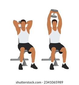 Man doing Seated tricep press. overhead extensions exercise. Flat vector illustration isolated on white background