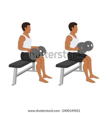 Man doing seated weight plate palm down wrist curls or forearm curls or weighted neutral wrist curl exercise.  Flat vector illustration isolated on white background