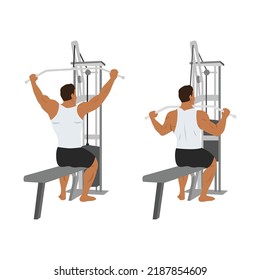 Man doing seated Wide grup lat pulldown flat vector illustration isolated on white background