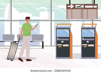 Man doing self check in at the check in machine. Digital technology concept at the airport.