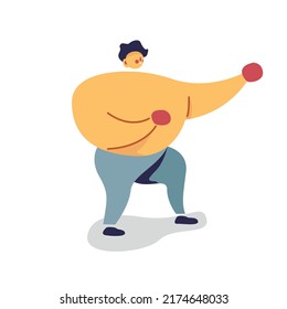 A man doing shadowbox. a fat man is exercising in the gym. A strongman doing kickboxing. Vector illustration.