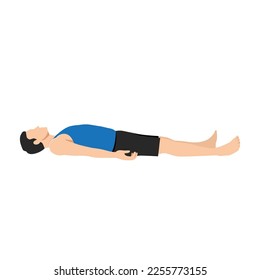 Mann, der Shavasana oder Corpse Pose macht. Yoga Practice Übung. Flache Vektorgrafik einzeln auf weißem Hintergrund