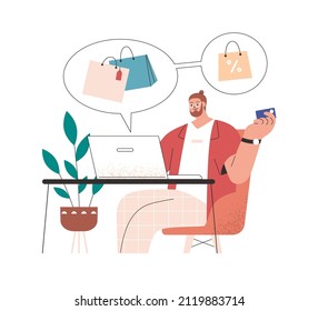 Man doing shopping online, buying on sale through internet. Buyer with card at laptop computer. Customer making purchases, using technology. Flat vector illustration isolated on white background