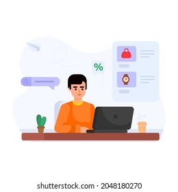 Man doing shopping research flat illustration