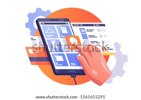 Man doing shopping vector illustration. Male hand choosing goods on tablet via internet app in e-shop flat style design. Guy putting button of selected product category. E-purchasing concept