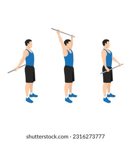 Man doing shoulder pole or broomstick stretch exercise. Flat vector illustration isolated on white background