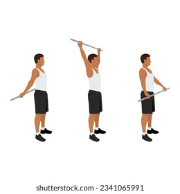 Man doing shoulder pole or broomstick stretch exercise. Flat vector illustration isolated on white background