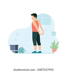 Man doing shoulder stretching in gym. Workout and exercise concept flat vector illustration