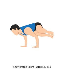 Man doing side crane pose in white background. Parsva Bakasana exercise. balance and recreation. Flat vector illustration isolated on white background