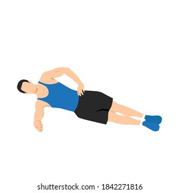 Man doing side plank. Abdominals exercise. Flat vector illustration isolated on white background.