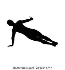 Man doing side plank exercise thumbs up fitness.