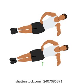 Man doing side plank hip raises exercise. Flat vector illustration isolated on white background