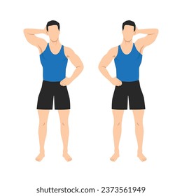 Man doing side push neck stretch exercise while standing. Flat vector illustration isolated on white background