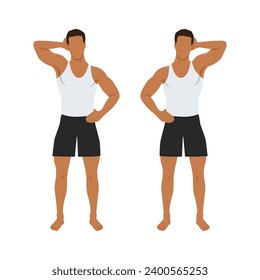 Man doing side push neck stretch exercise while standing. Flat vector illustration isolated on white background