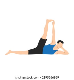 Man Doing Side Reclining Leg Lift Pose, Vishnu Pose, Eternal One Pose. Practice Anantasana. Flat Vector Illustration Isolated On White Background