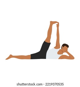 Man doing Side Reclining Leg Lift Pose, Vishnu Pose, Eternal One Pose. Practice Anantasana. Flat vector illustration isolated on white background