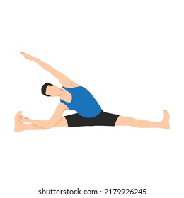Man doing side seated wide angle pose parsva upavistha konasana exercise. Flat vector illustration isolated on white background