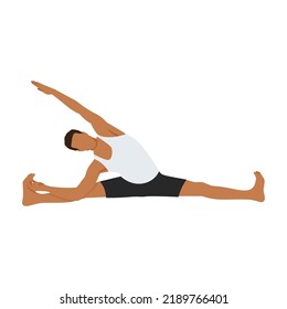 Man doing side seated wide angle pose parsva upavistha konasana exercise. Flat vector illustration isolated on white background