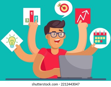 Man doing simultaneously many tasks. Male employee trying to deal with deadlines. Overworking, overload at work concept. Person with many hands coping with multitasking, time management, planning