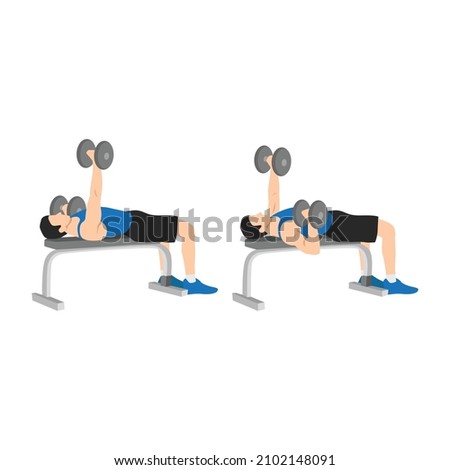 Man doing Single arm alternating dumbbell flat bench press. Chest exercise flat vector illustration