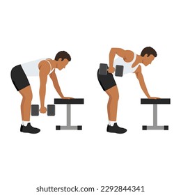 Man doing Single arm bent over row exercise. Flat vector illustration isolated on white background. workout character set