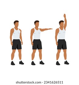Man doing single arm front raises to overhead extension. Flat vector illustration isolated on white background
