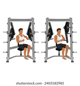 Man doing single arm hammer strength chest machine exercise. Flat vector illustration isolated on white background