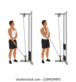 Man doing Single arm low pulley cable. Flat vector illustration isolated on different layers. Workout character