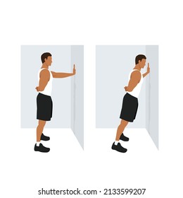 Man Doing Single Arm Wall Push Up Exercise. Flat Vector Illustration Isolated On White Background. Workout Character Set