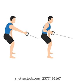 Man doing single cable row exercise. Flat vector illustration isolated on white background