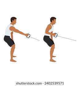 Man doing single cable row exercise. Flat vector illustration isolated on white background