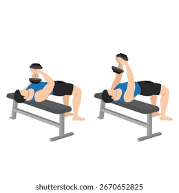 Homem fazendo um único Dumbbell Fechar exercício de prensagem. Ilustração de vetor plano isolada no plano de fundo branco
