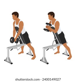 Man doing single dumbbell spider hammer curl exercise. Flat vector illustration isolated on white background
