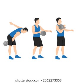 Man doing Single kettlebell swinging clean exercise. Flat vector illustration isolated on white background