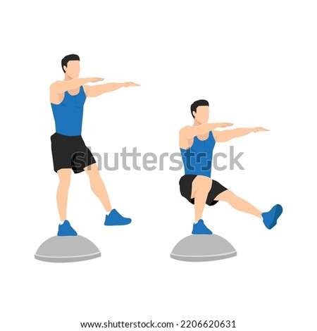 Man doing Single leg squat. Pistol squats exercise. Flat vector illustration isolated on white background