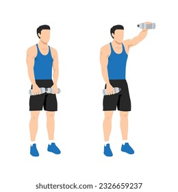 Man doing single or one arm front water bottle raises exercise. Flat vector illustration isolated on white background