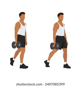 Man doing single or one arm dumbbell farmers walk or suitcase carry exercise. Flat vector illustration isolated on white background