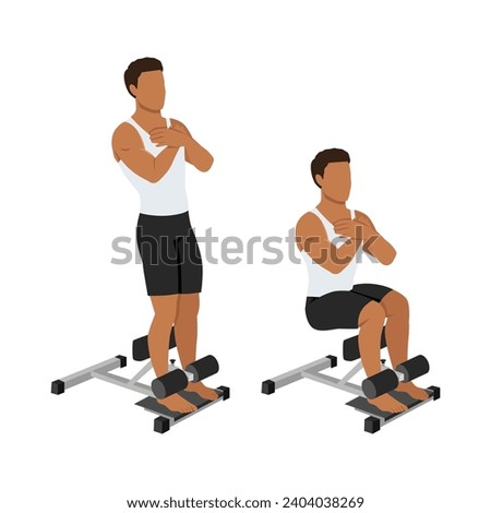 Man doing sissy squat on a machine exercise. Flat vector illustration isolated on white background