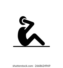 Homem sentado, ícone de crepitação. Estilo sólido simples. Exercício, abdômen, abdômen, piso, humano, figura, pessoa, fitness, conceito de ginástica. Silhueta, símbolo de glifo. Design isolado do vetor