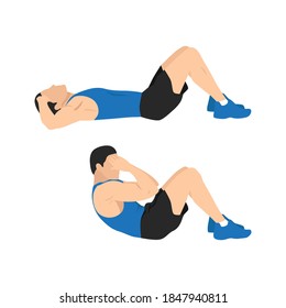 Man doing sit ups exercise. Abdominals exercise flat vector illustration isolated on white background