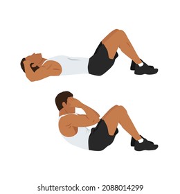 Man doing sit ups exercise. Abdominals exercise flat vector illustration isolated on white background