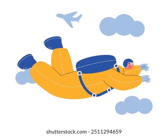 Man doing skydiving with safety equipment, extreme sports vector illustration.