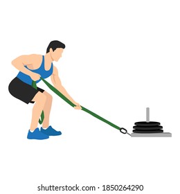 Man doing sled pulls exercise. Flat vector illustration isolated on white background with layer. Workout character