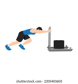 Man doing sled pushed exercise. Flat vector illustration isolated on white background