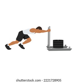 Man doing sled pushed exercise. Flat vector illustration isolated on white background