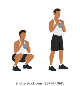 Man doing Smashbell training leg squat with kettlebell exercise. Flat vector illustration isolated on white background